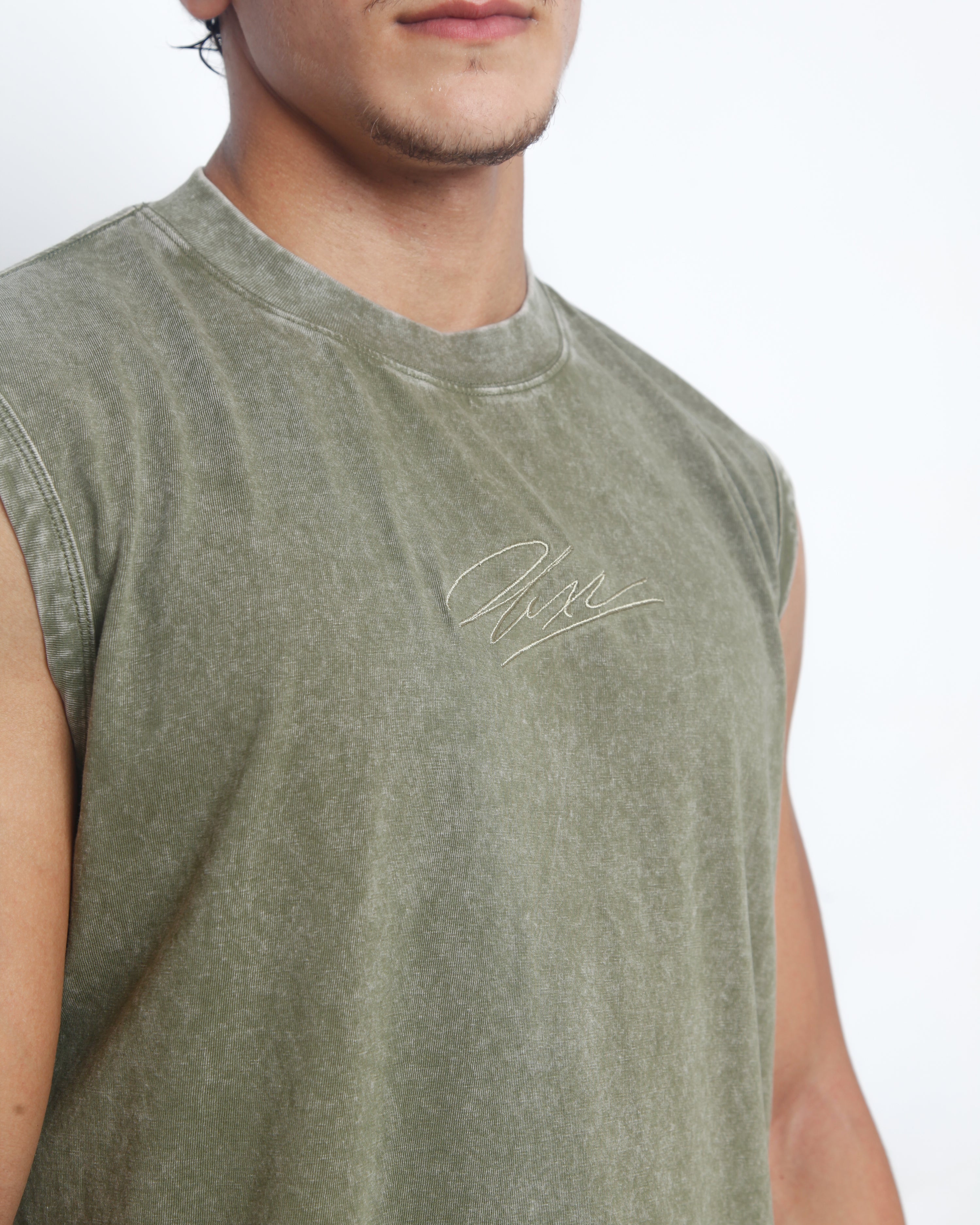 Acid Washed Tank Top - Olive Green