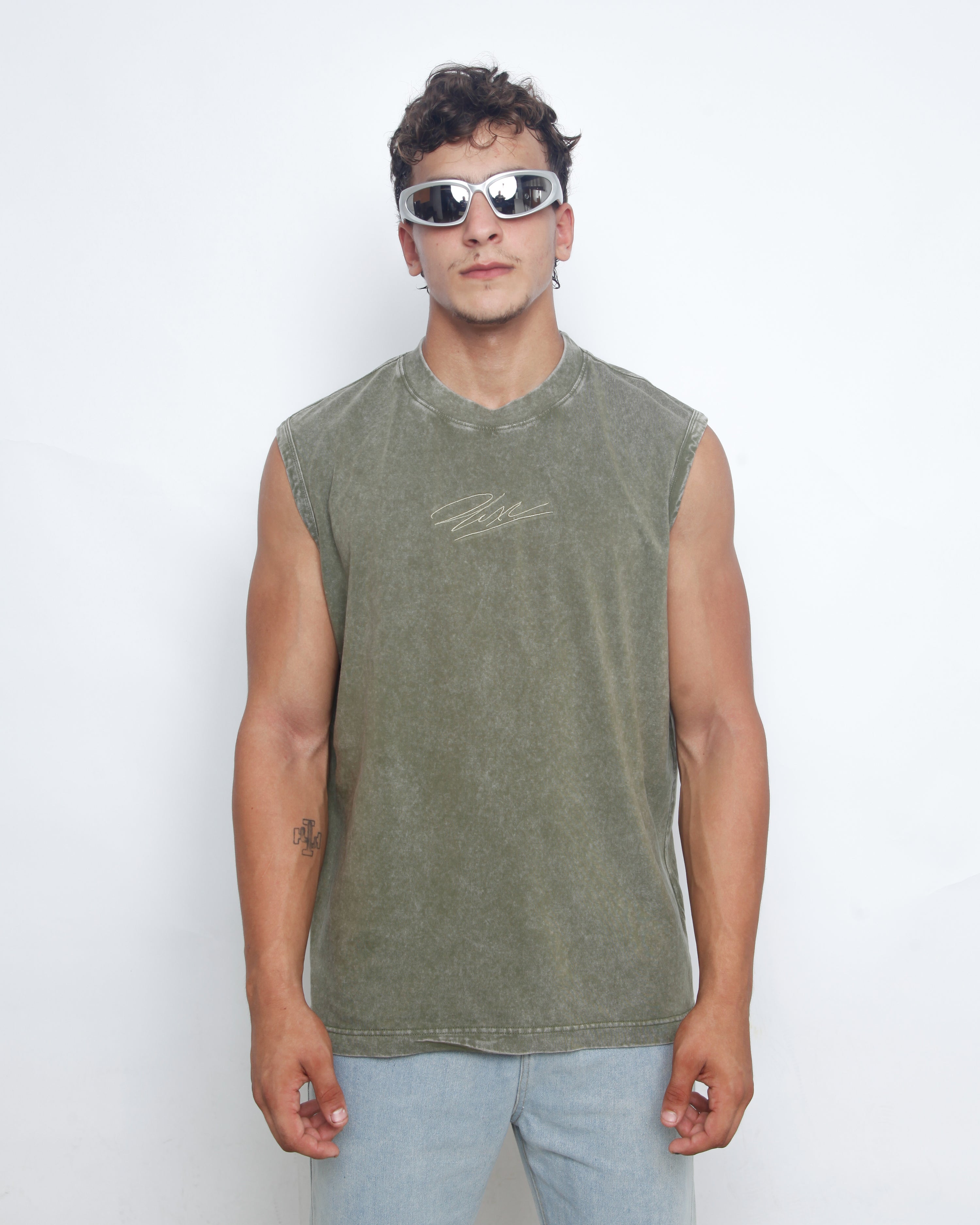 Acid Washed Tank Top - Olive Green